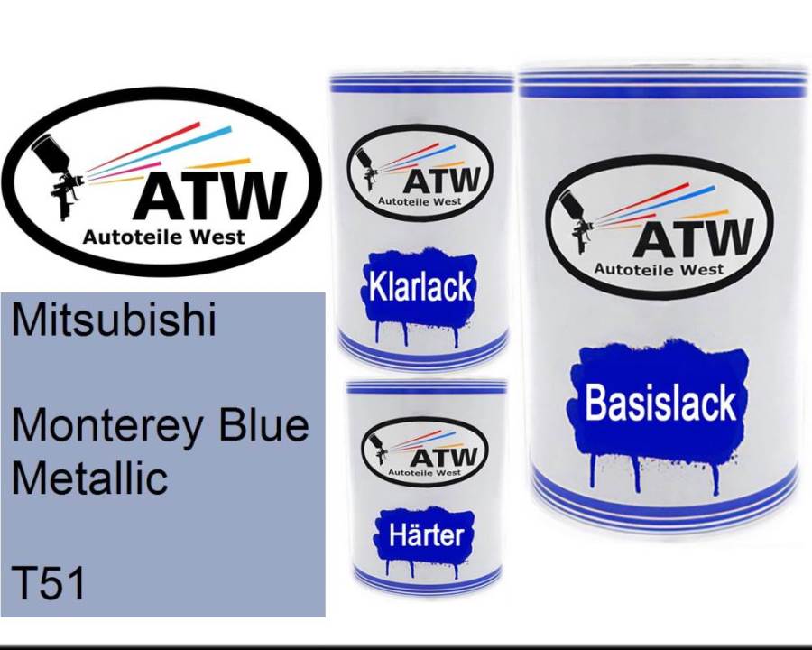 Mitsubishi, Monterey Blue Metallic, T51: 500ml Lackdose + 500ml Klarlack + 250ml Härter - Set, von ATW Autoteile West.